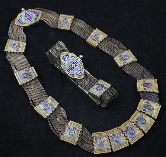 A Continental enamelled and parcel gilt silver necklace with matching bracelet,